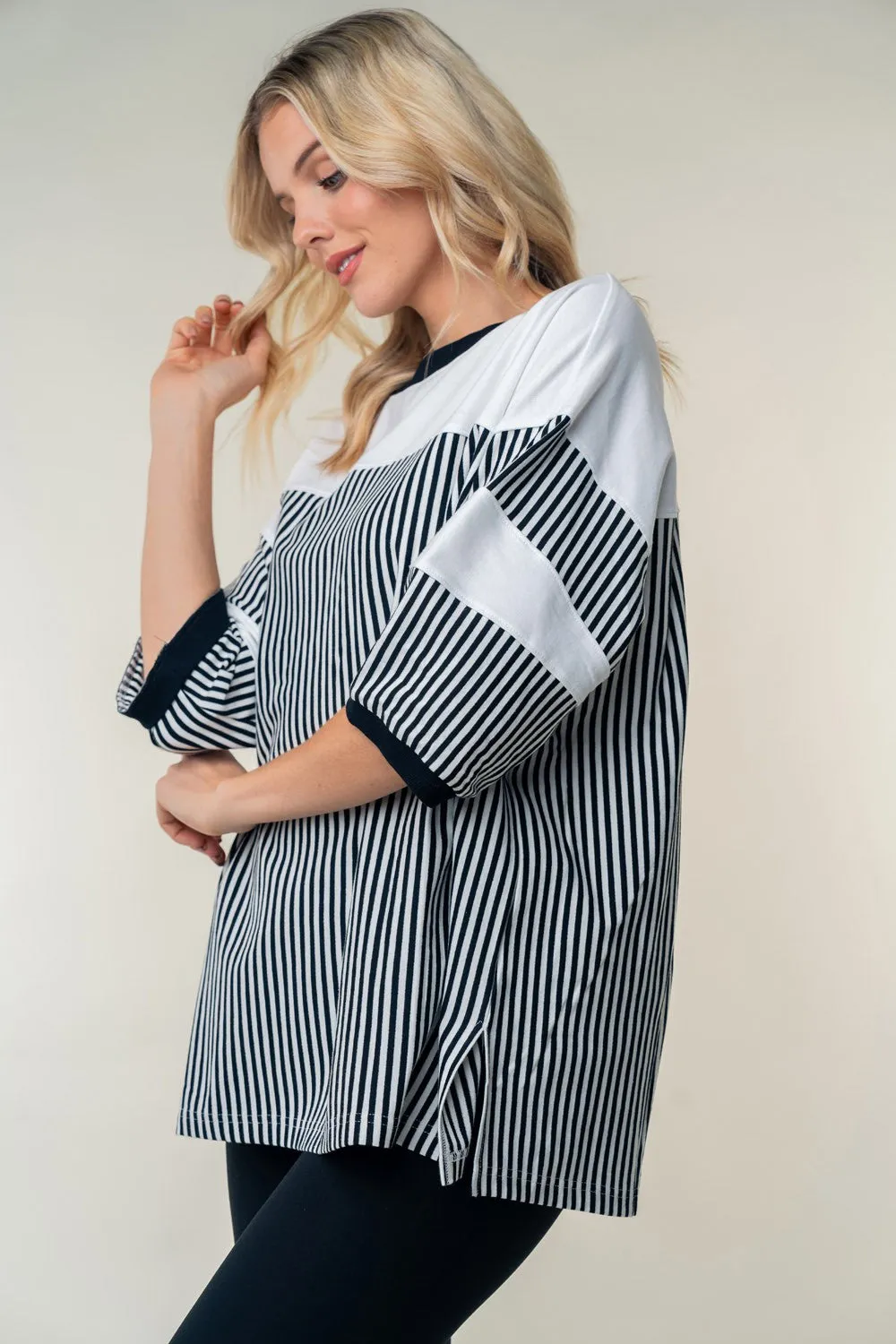 Full Size Striped Contrast Round Neck Top