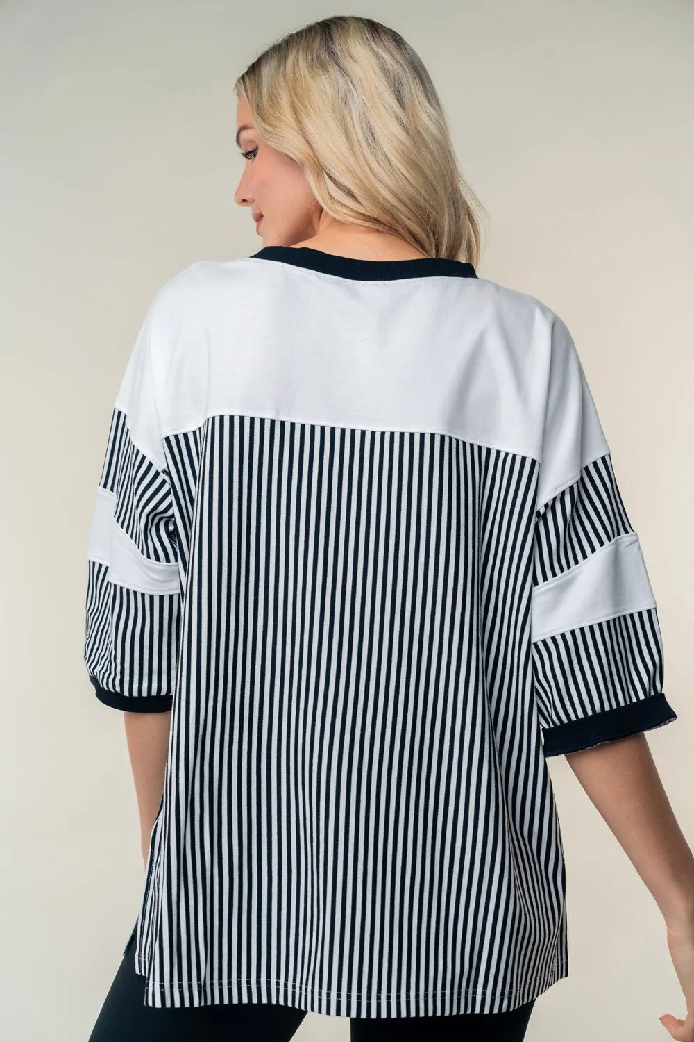 Full Size Striped Contrast Round Neck Top