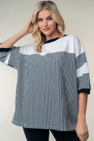 Full Size Striped Contrast Round Neck Top