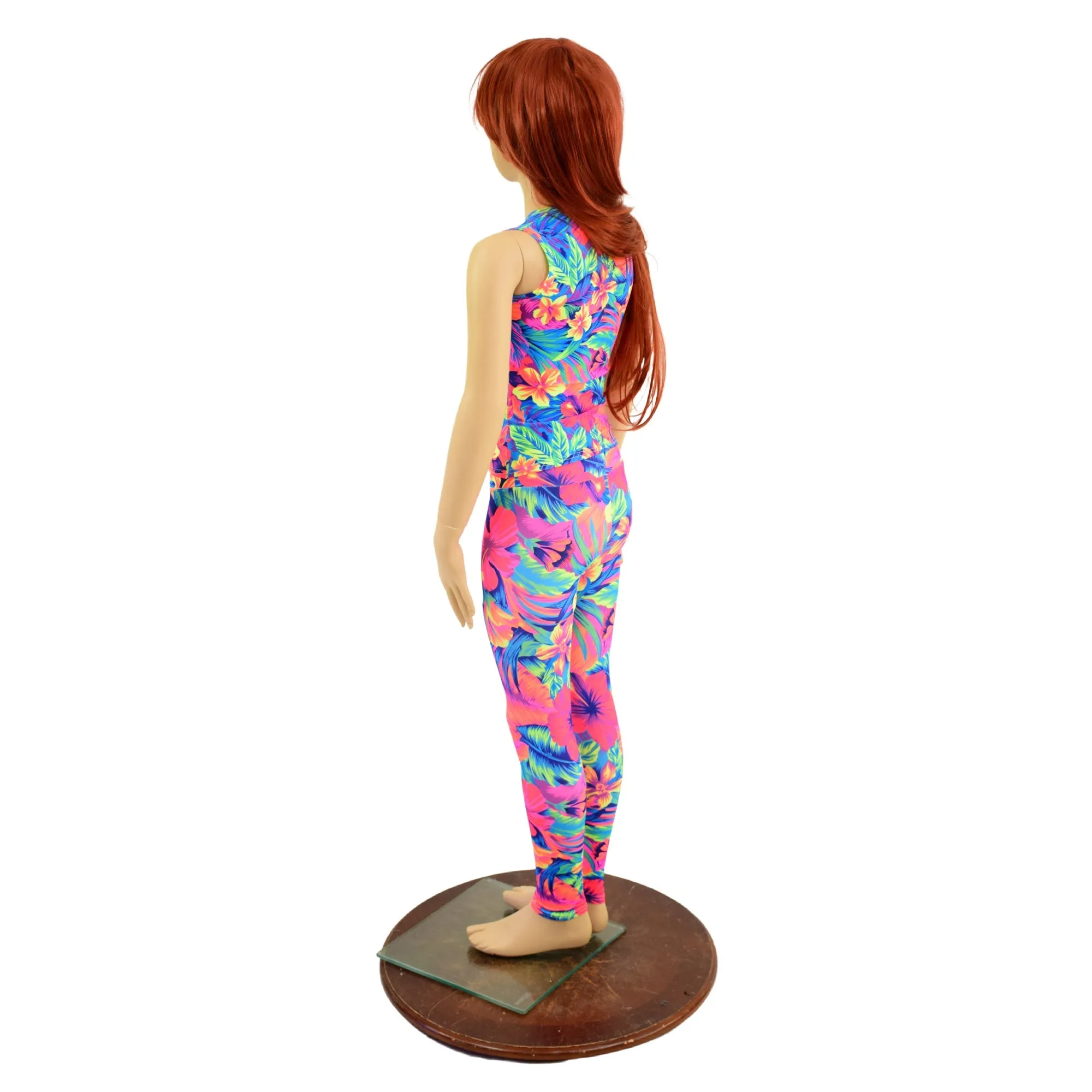 Girls Tahitian Floral UV Glow Leggings and Full Length Sleeveless Top Set