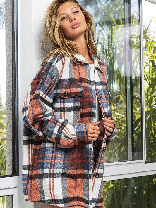 Go Big Checkered Point Long Sleeve Textured Shacket