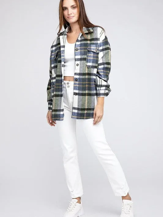 Go Big Checkered Point Long Sleeve Textured Shacket