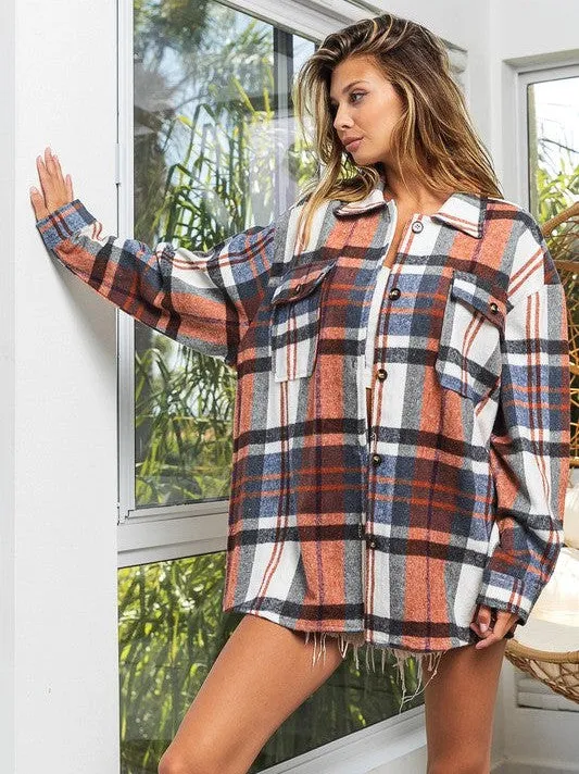 Go Big Checkered Point Long Sleeve Textured Shacket