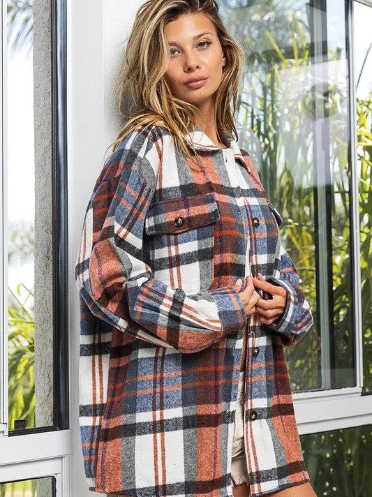 Go Big Checkered Point Long Sleeve Textured Shacket