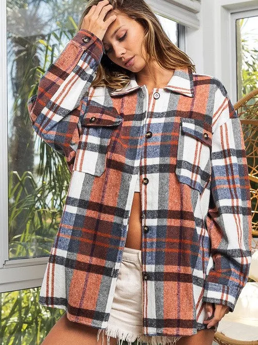 Go Big Checkered Point Long Sleeve Textured Shacket