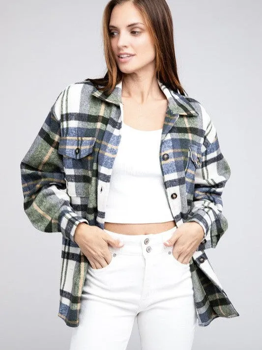 Go Big Checkered Point Long Sleeve Textured Shacket