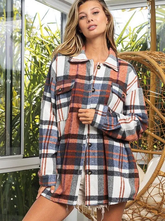 Go Big Checkered Point Long Sleeve Textured Shacket