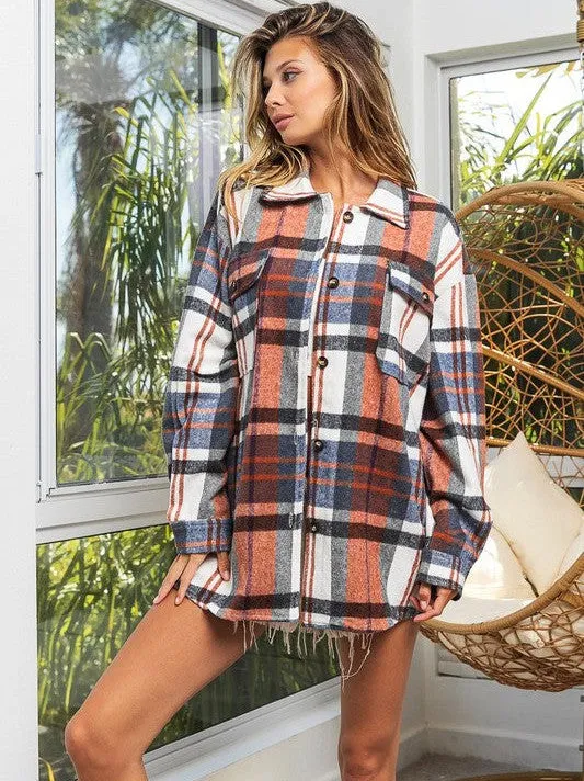 Go Big Checkered Point Long Sleeve Textured Shacket