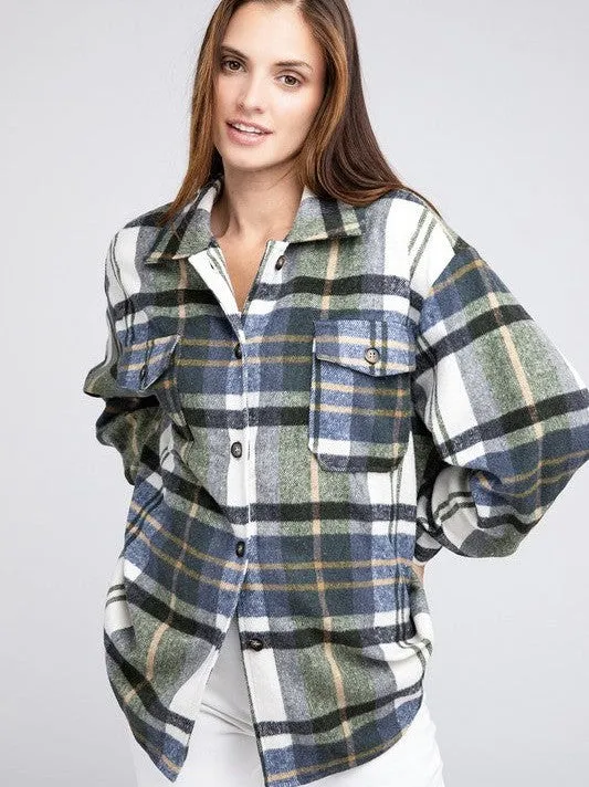 Go Big Checkered Point Long Sleeve Textured Shacket