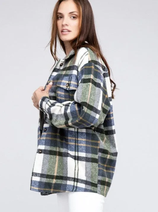 Go Big Checkered Point Long Sleeve Textured Shacket