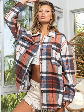 Go Big Checkered Point Long Sleeve Textured Shacket