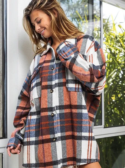 Go Big Checkered Point Long Sleeve Textured Shacket