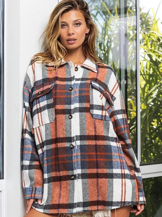 Go Big Checkered Point Long Sleeve Textured Shacket