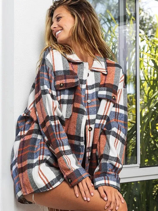 Go Big Checkered Point Long Sleeve Textured Shacket