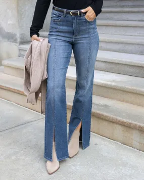 Grace & Lace Front Slit Aged Mid-Wash Jeans