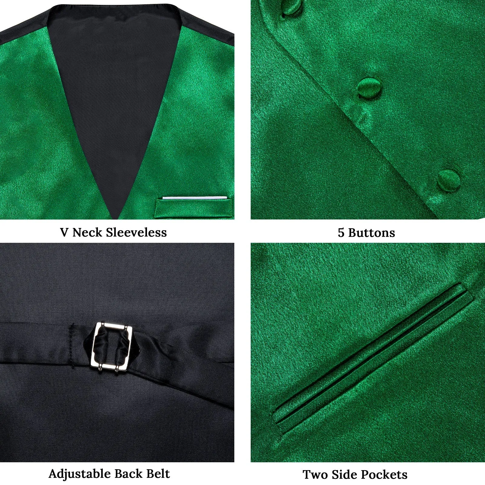 Green Solid Shining Silk Formal Men's Vest Hanky Cufflinks Tie Set