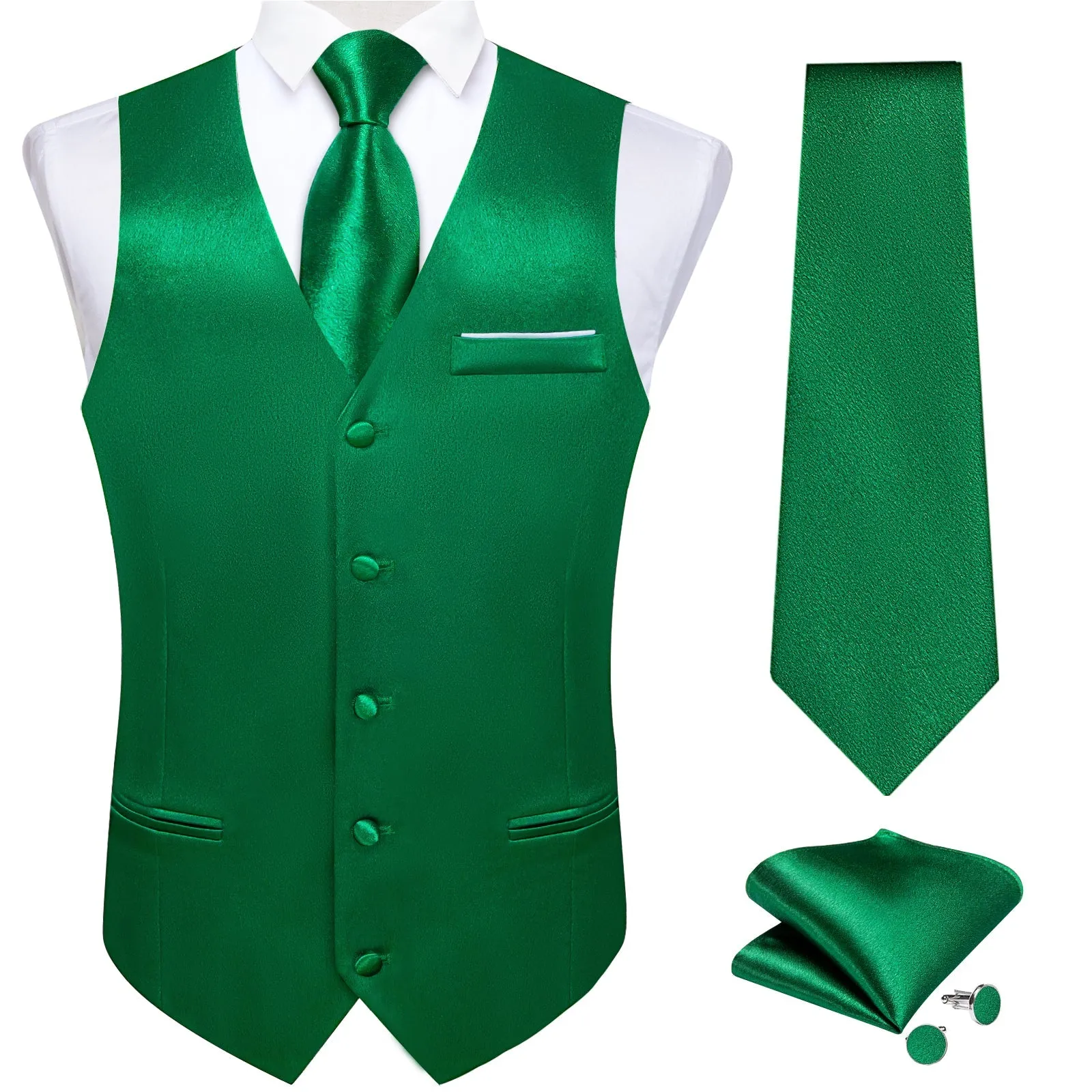 Green Solid Shining Silk Formal Men's Vest Hanky Cufflinks Tie Set