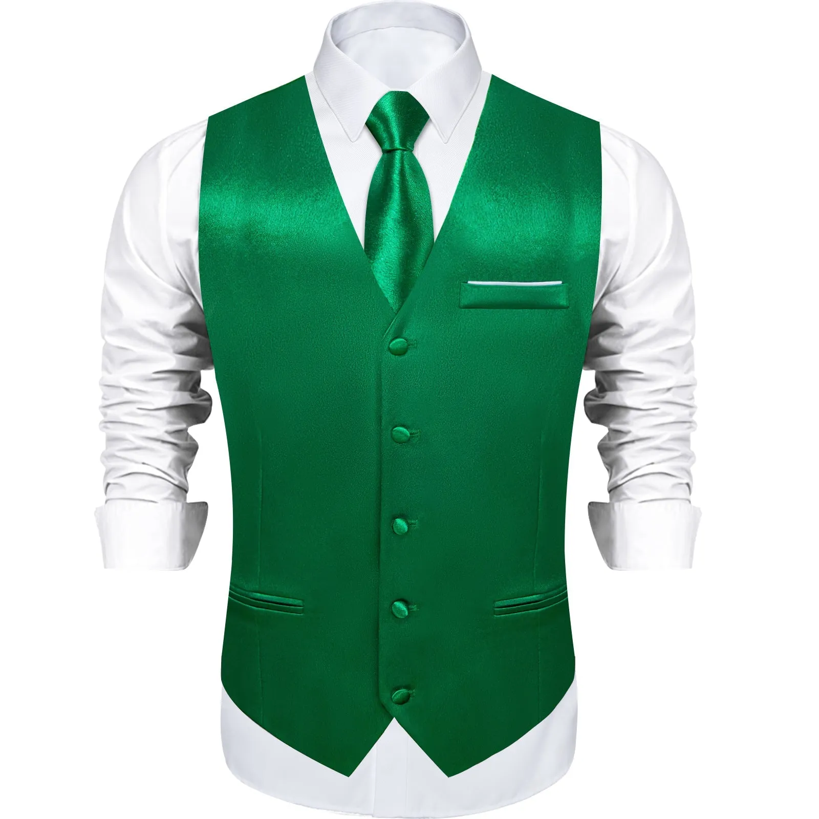 Green Solid Shining Silk Formal Men's Vest Hanky Cufflinks Tie Set