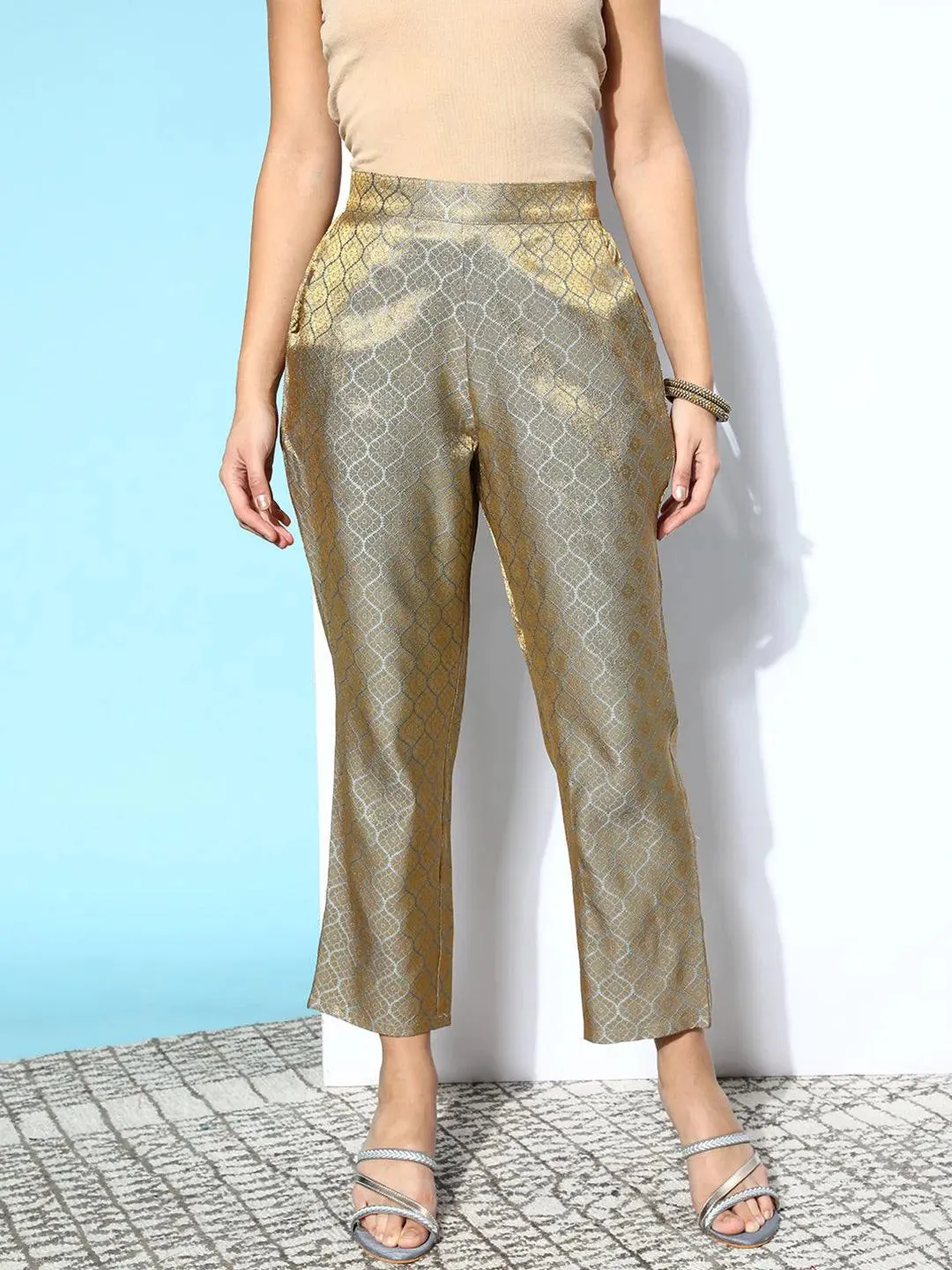 Grey Self Design Jacquard Trousers