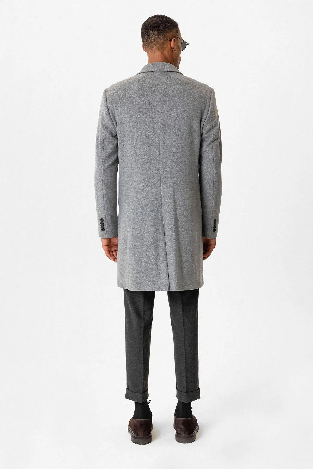 Grey Slim Fit Notch Lapel Men's Coat - Wessi