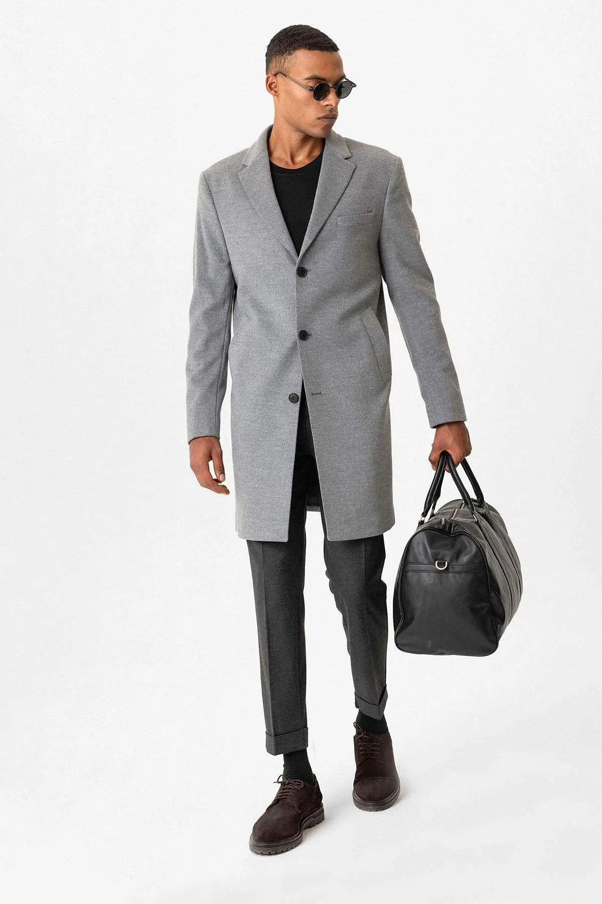 Grey Slim Fit Notch Lapel Men's Coat - Wessi