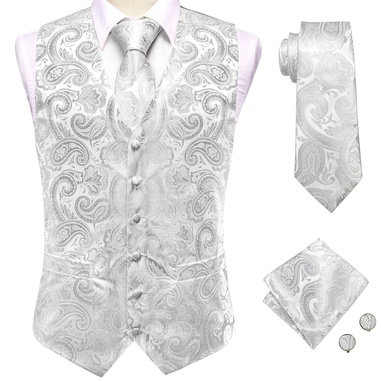 Grey White Silk Men's Vest Hanky Cufflinks Tie Set