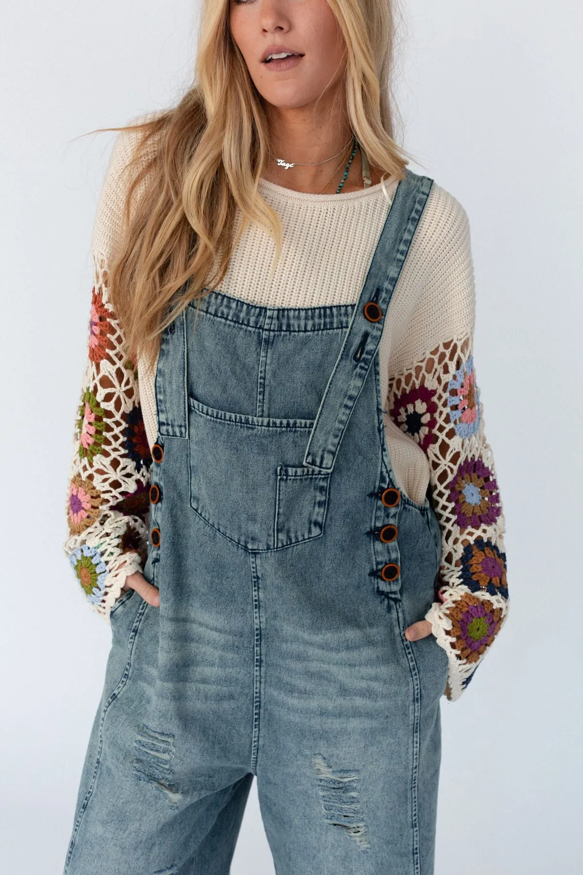 High Hopes Slouchy Pocket Denim Overalls - Blue Pockets