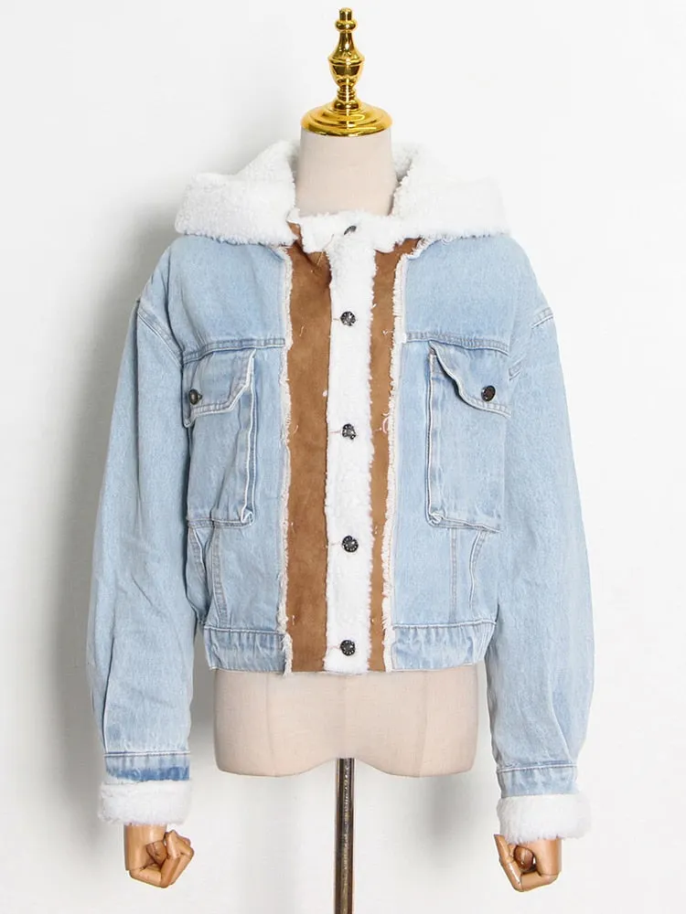 High Street Patchwork Denim Wool Jacket For Women Hooded Long Sleeve Straight Jacket For Women Winter Clothes