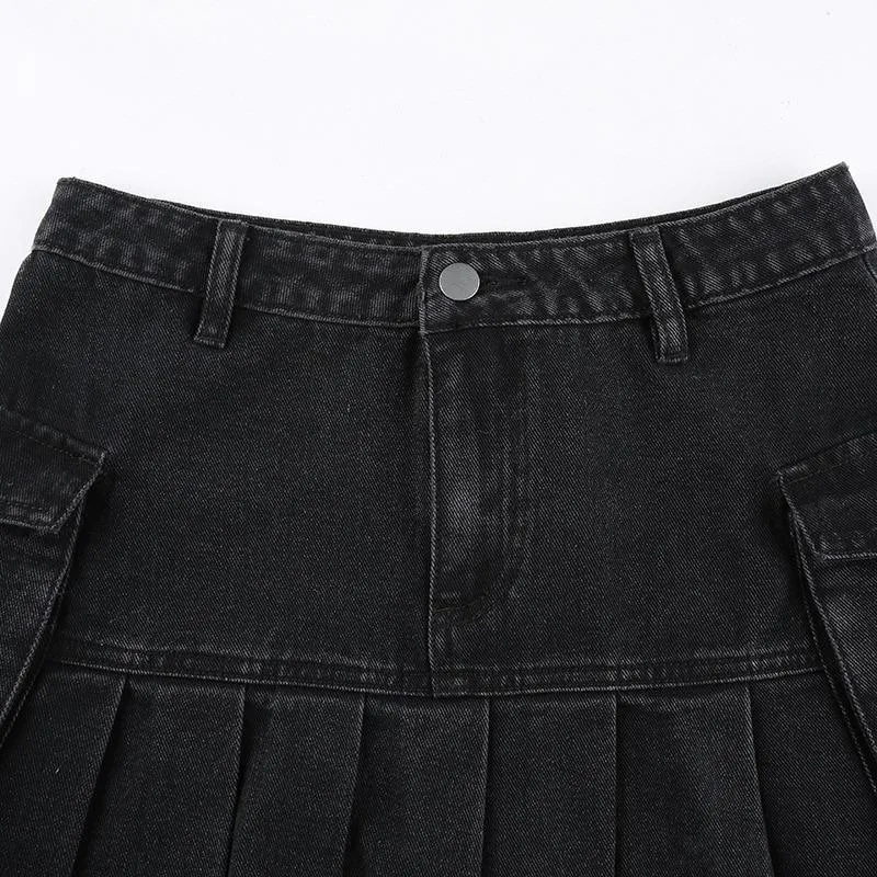 High Waist Jean Skirts Denim Pleated Skirts with Big Pockets Outfit