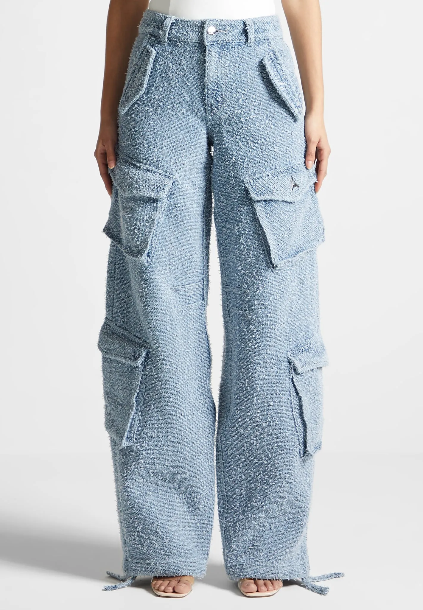 High Waisted Boucle Denim Cargo Pants - Mid Blue