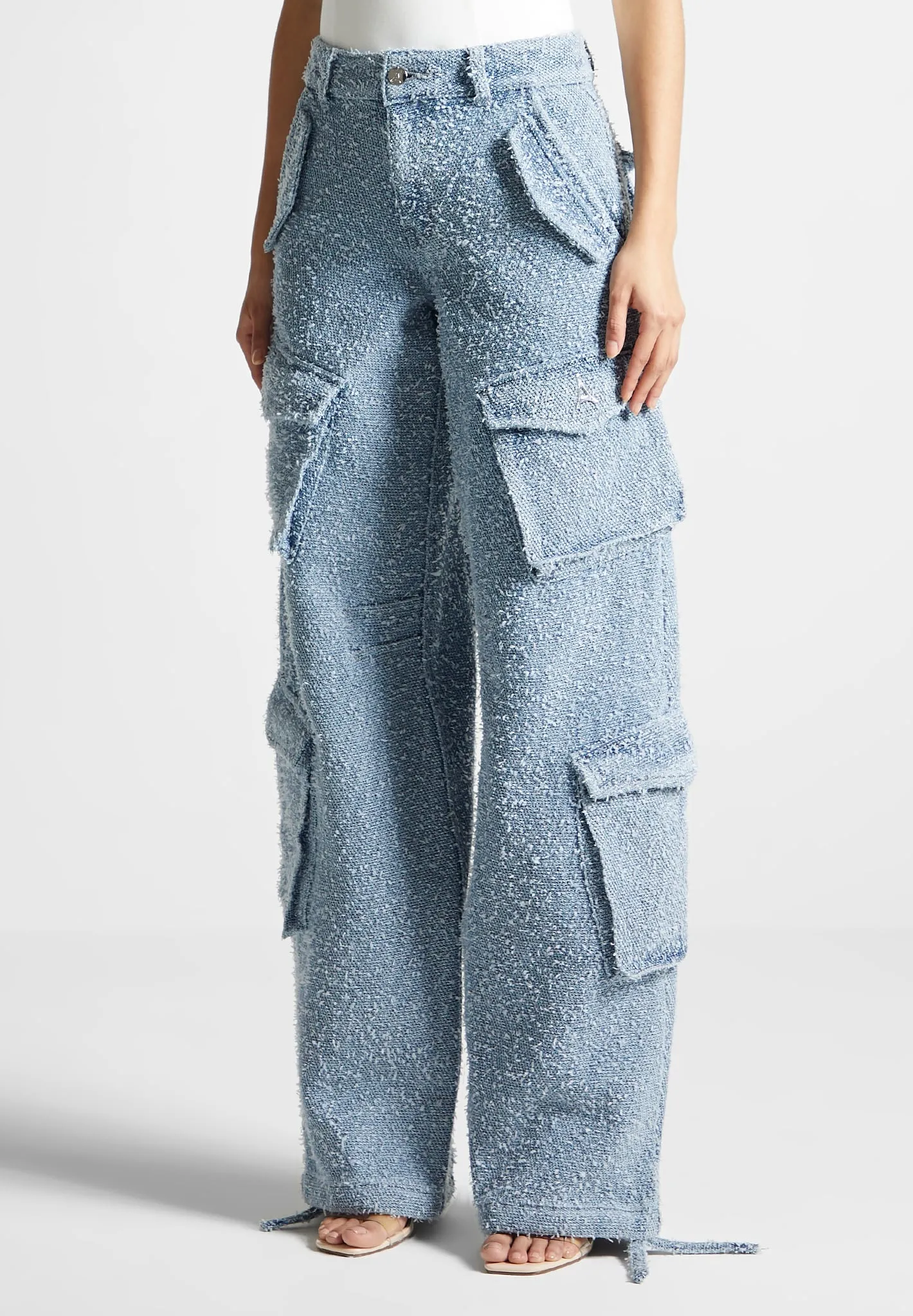 High Waisted Boucle Denim Cargo Pants - Mid Blue