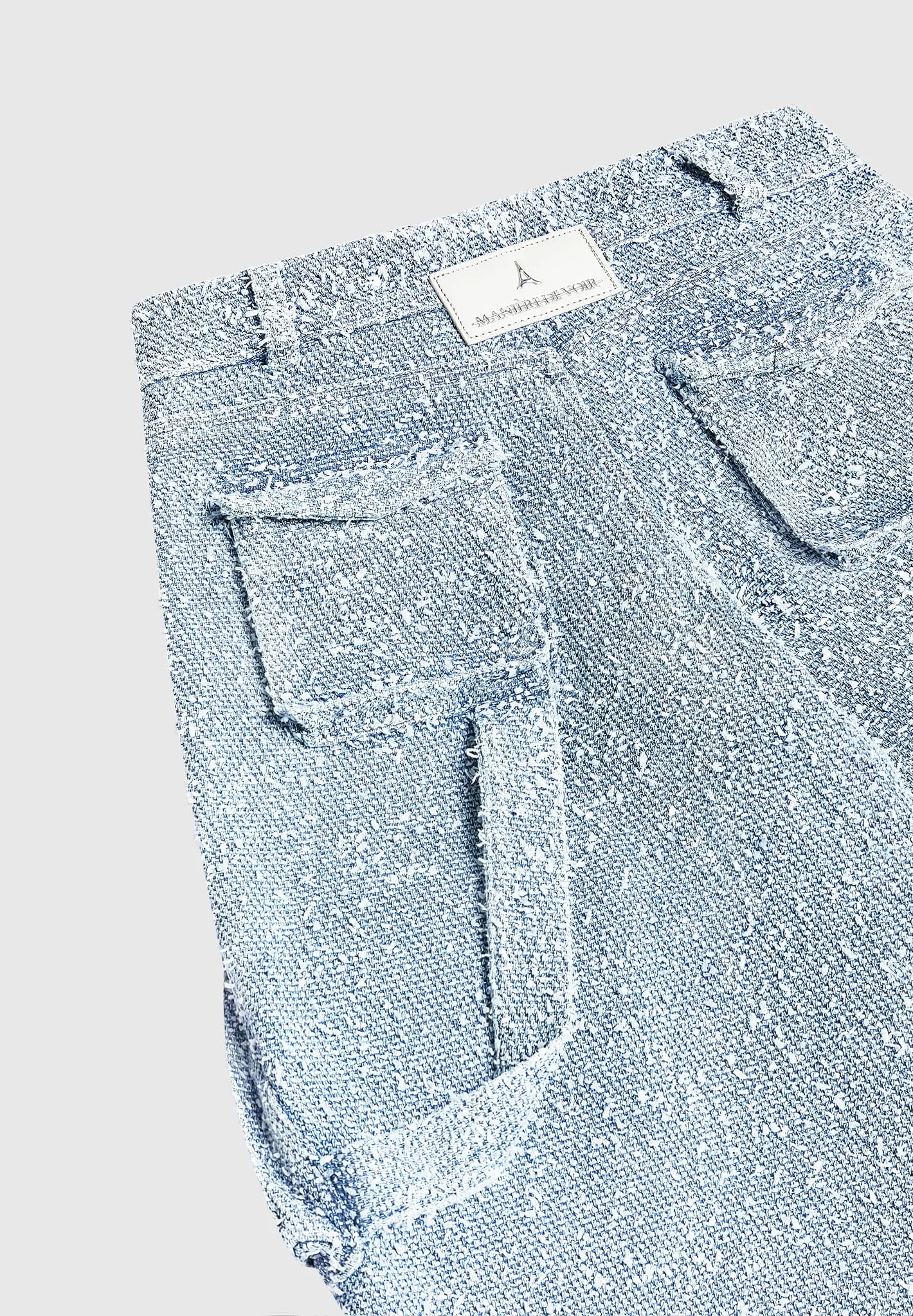 High Waisted Boucle Denim Cargo Pants - Mid Blue