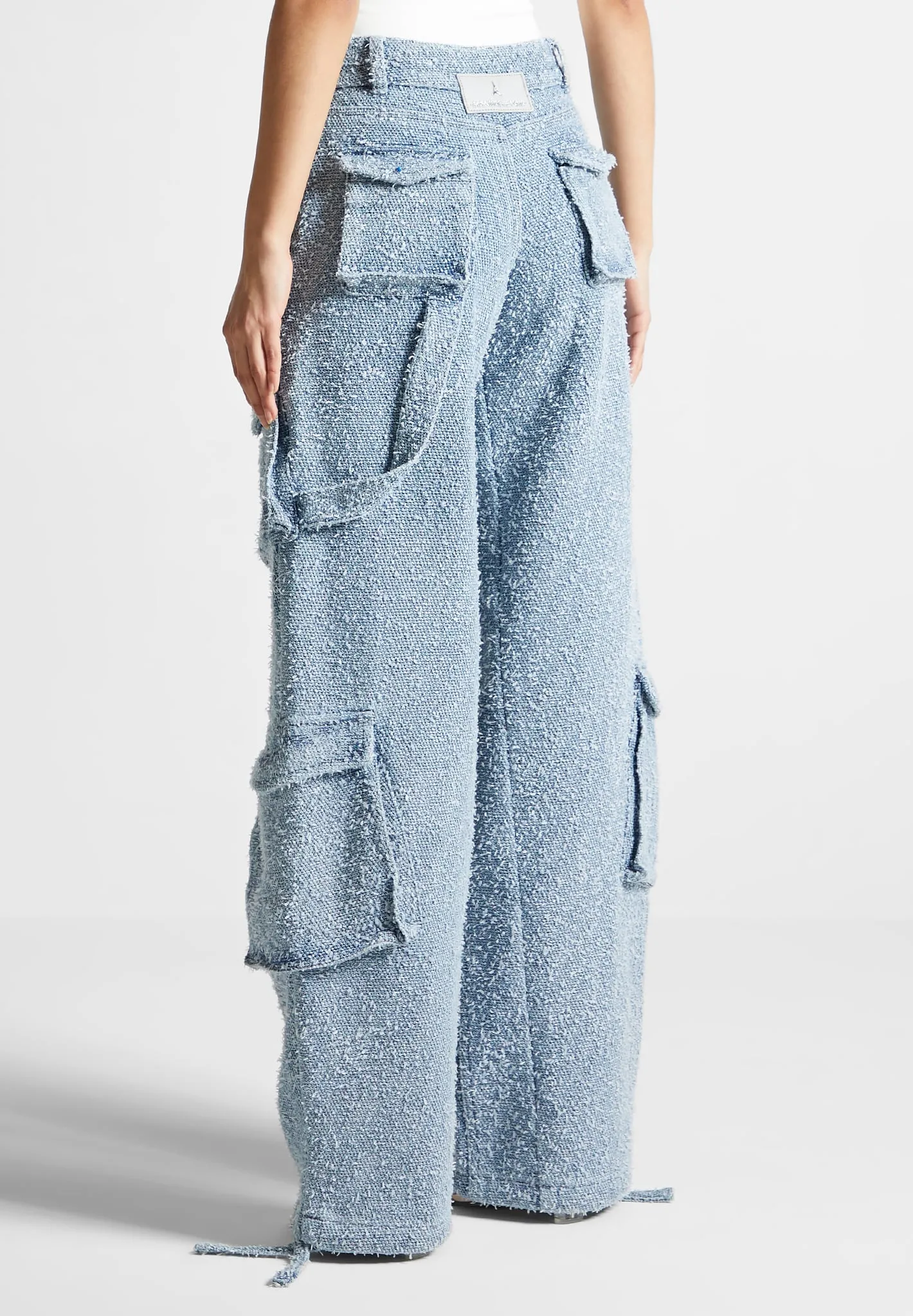 High Waisted Boucle Denim Cargo Pants - Mid Blue