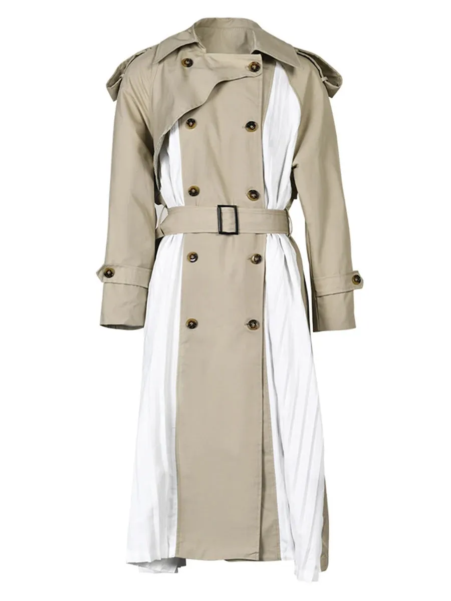 Hit Color Asymmetrical Trench For Women Lapel Long Sleeve Patchwork Double Breasted Temperament Long Coat Female