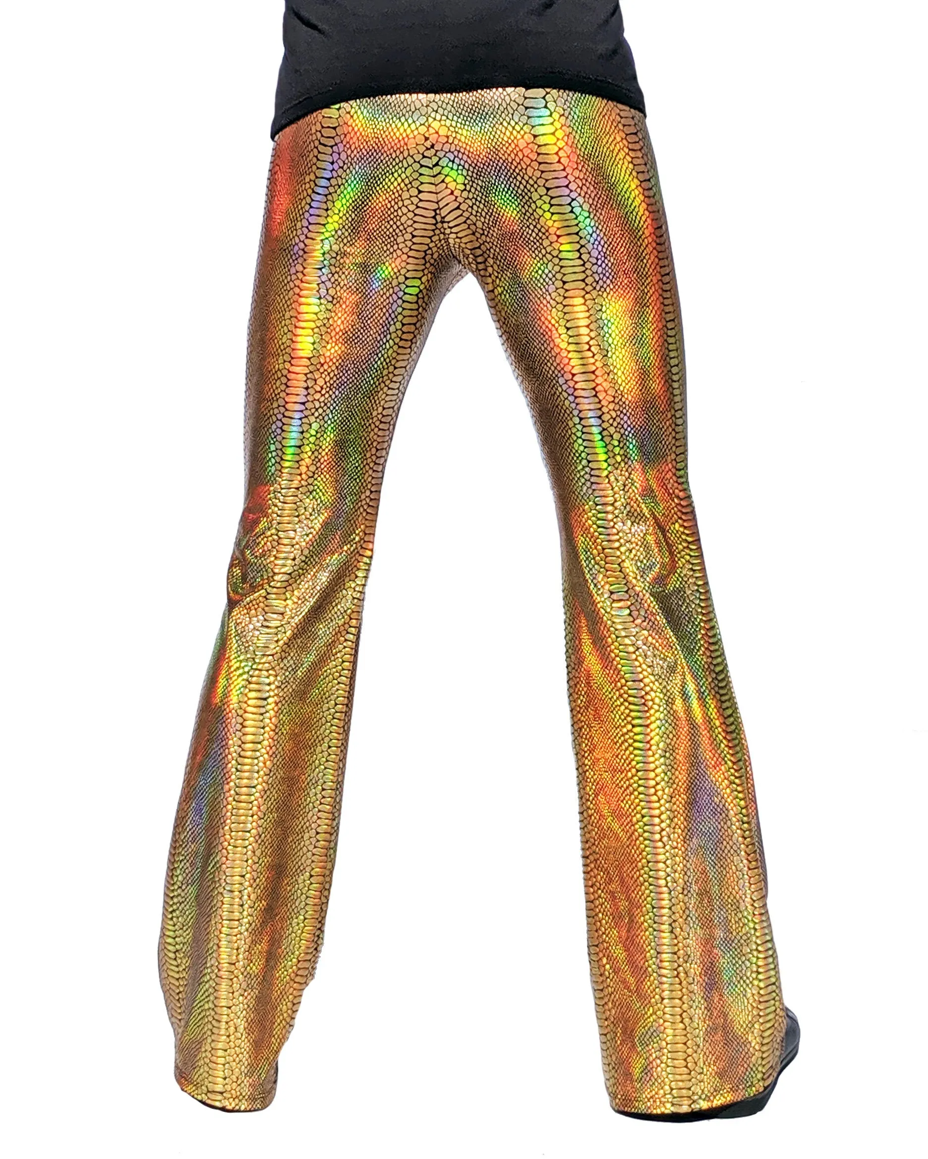 Holographic Snake Gold: Mens Flare Pants - Snake Skin Print Bell Bottoms