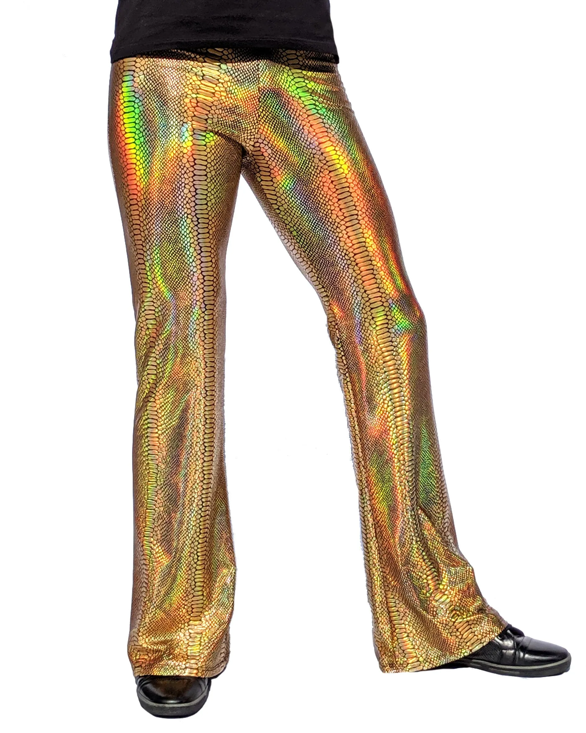 Holographic Snake Gold: Mens Flare Pants - Snake Skin Print Bell Bottoms