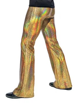 Holographic Snake Gold: Mens Flare Pants - Snake Skin Print Bell Bottoms