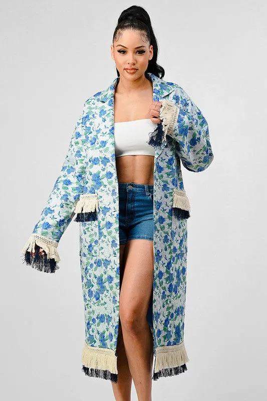 Hot Girl Athina Garden Floral Tasseled Trench Coat In Blue