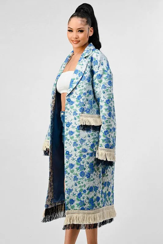 Hot Girl Athina Garden Floral Tasseled Trench Coat In Blue