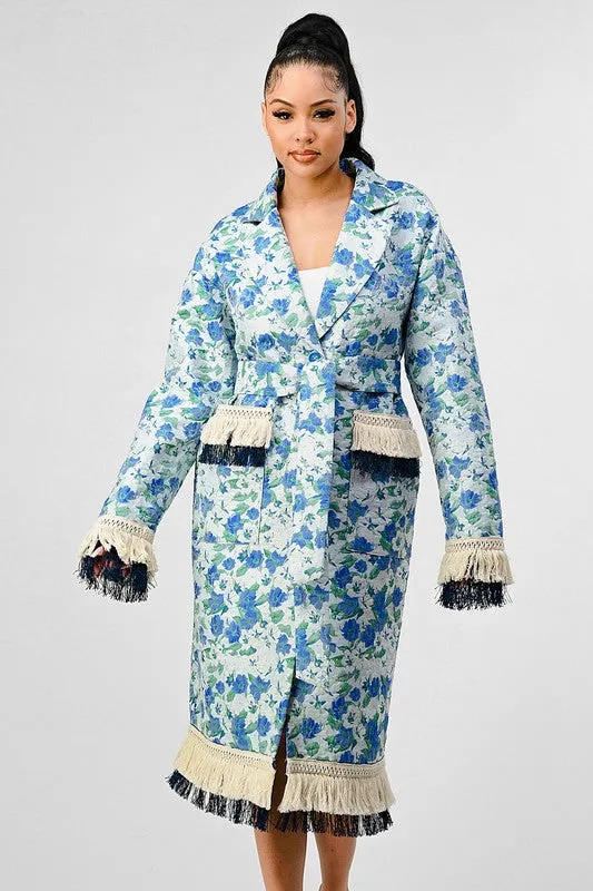 Hot Girl Athina Garden Floral Tasseled Trench Coat In Blue