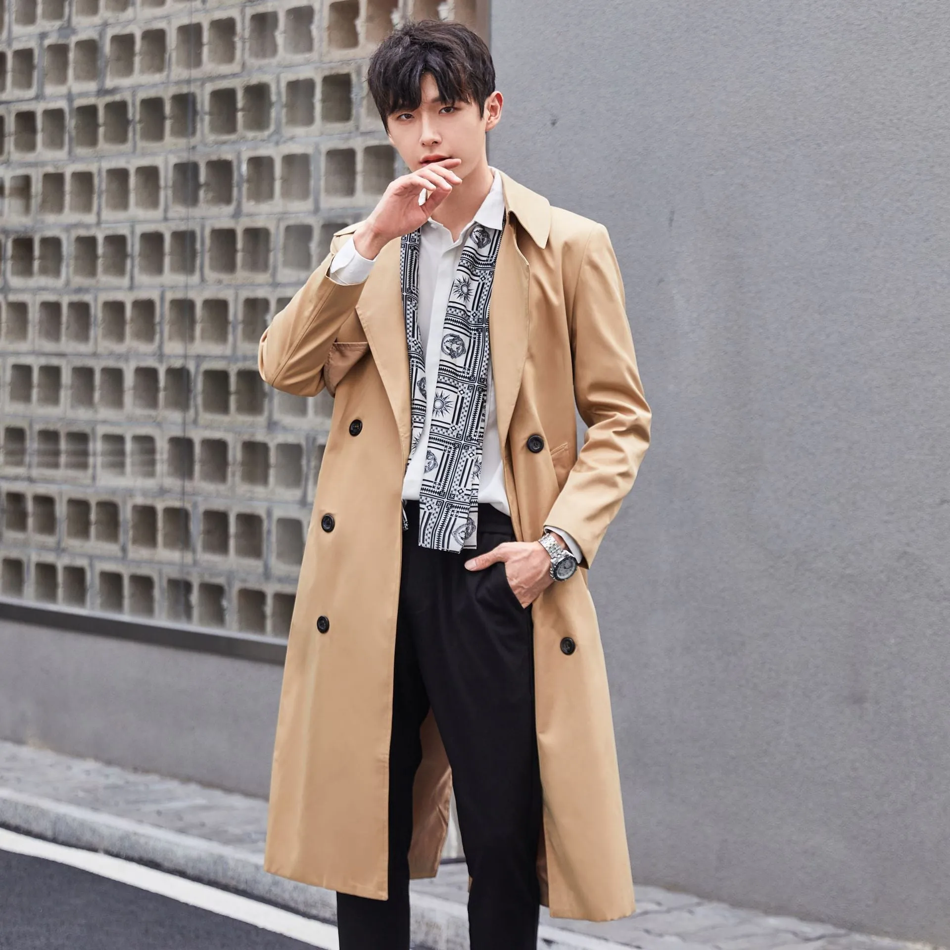 Jinquedai mens winter fashion Plus Size Spring and Autumn Trench Coat Men's Long Korean Style Casual Trendy Loose British Style Coat Men