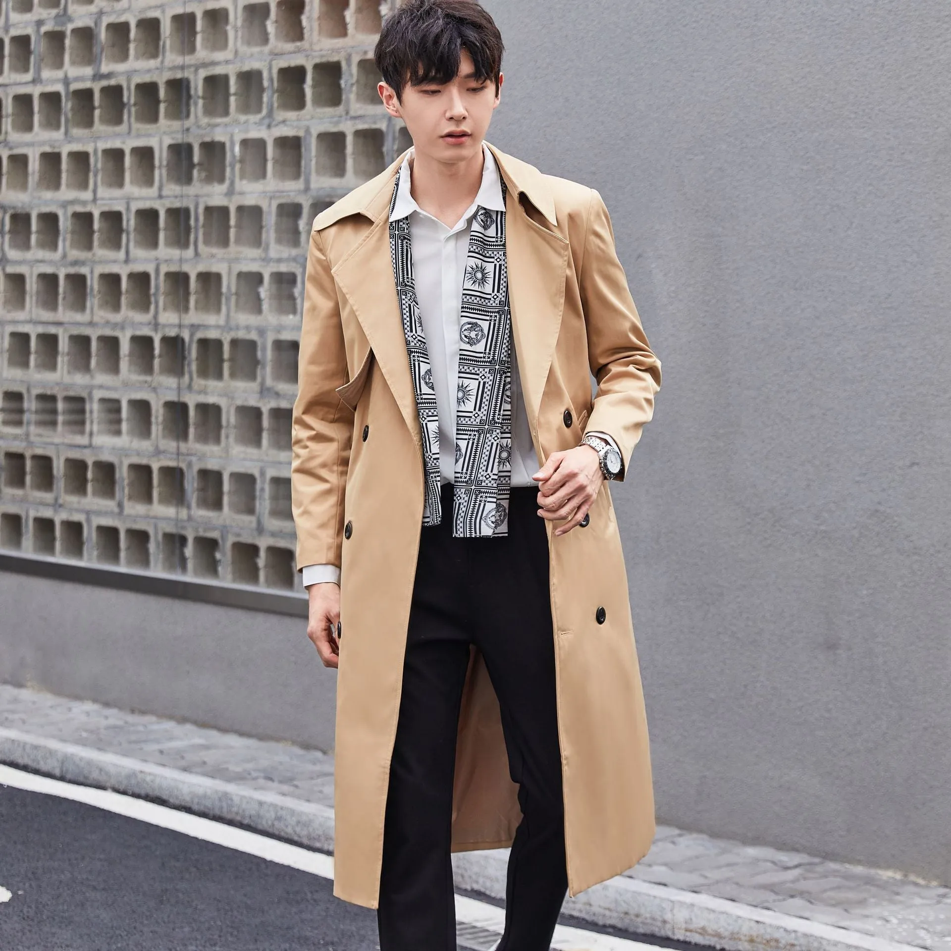 Jinquedai mens winter fashion Plus Size Spring and Autumn Trench Coat Men's Long Korean Style Casual Trendy Loose British Style Coat Men