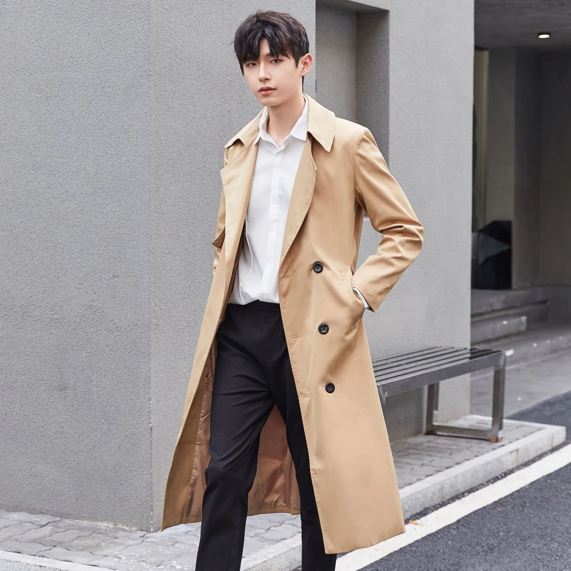 Jinquedai mens winter fashion Plus Size Spring and Autumn Trench Coat Men's Long Korean Style Casual Trendy Loose British Style Coat Men