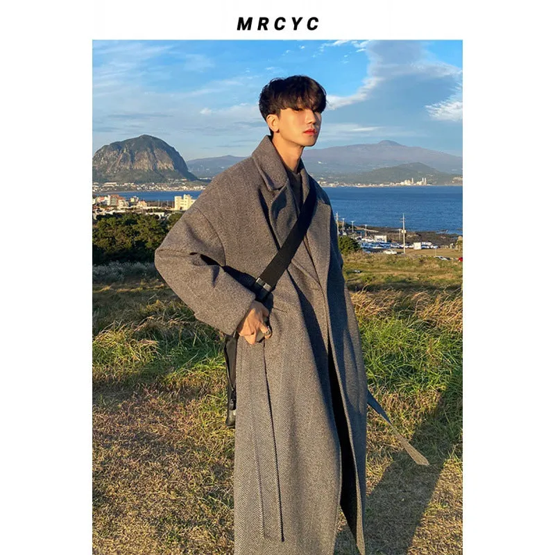 Jinquedai winter outfits men Myq Herringbone Coat Men's Mid-Length Korean Style Trendy over-the-Knee Trench Coat Men's Thickened Casual Loose Coat