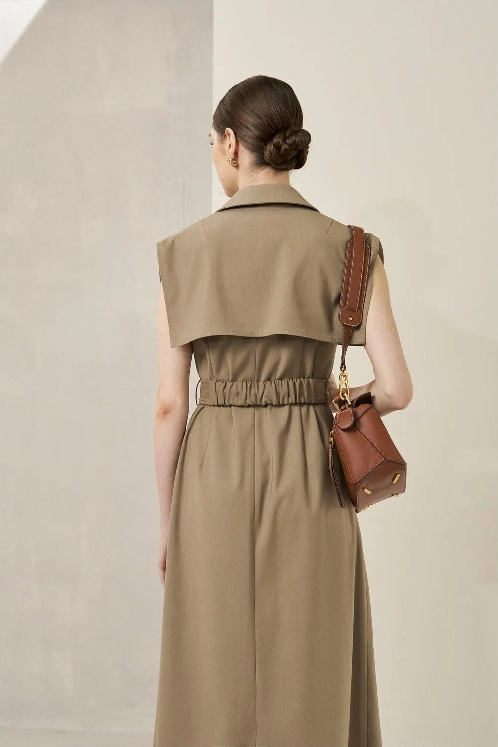 Jordan Straight Cape Shoulder Khaki Midi Dress