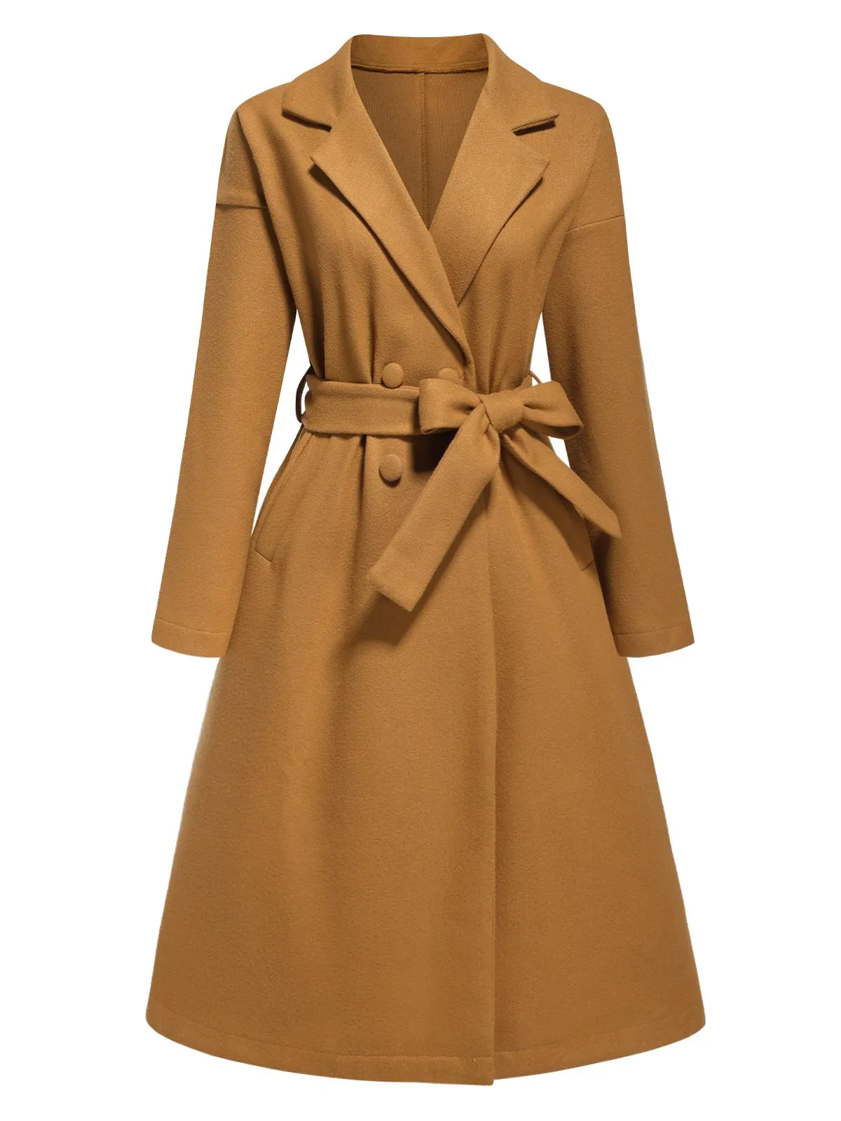 Khaki 1960s Turn-Up Collar Solid Belted Coat