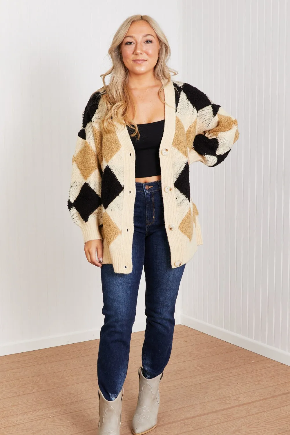 Know-It-All Full Size Argyle Longline Cardigan