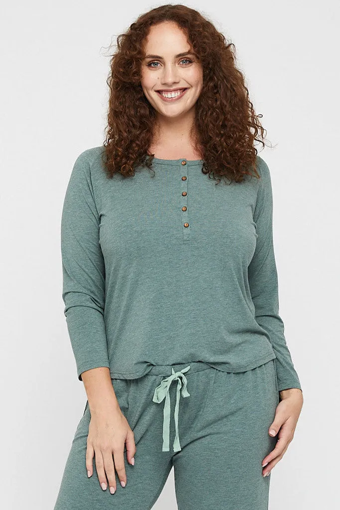 Long Sleeve Henley Top - Moss Green