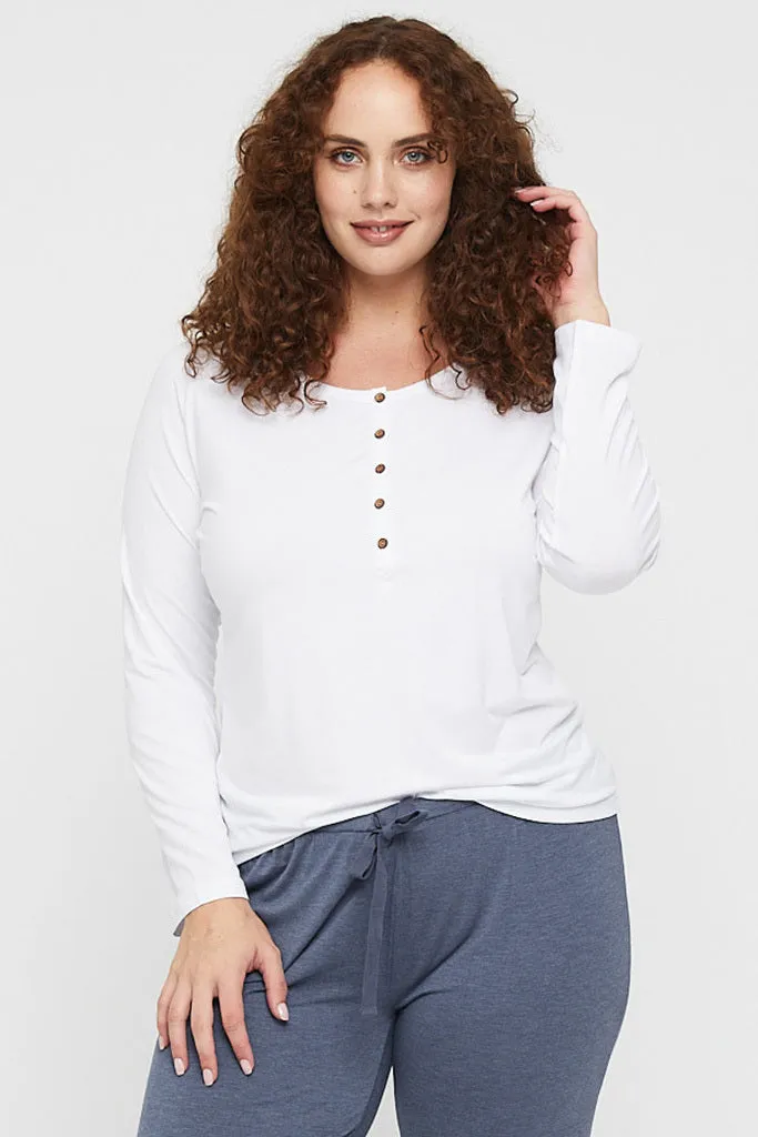 Long Sleeve Henley Top - White