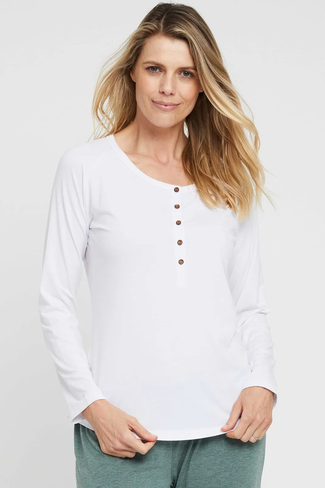 Long Sleeve Henley Top - White